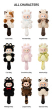 Load image into Gallery viewer, A grid of nine plush character keychains labeled 'ALL CHARACTERS' on a white background, including Calico Kitty, Persian Kitty, Ragdoll Kitty, Cow Kitty, Strawberry Kitty, Matcha Kitty, Midnight Kitty, Leopard Kitty, and Siamese Kitty.