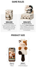 Load image into Gallery viewer, An informational product graphic for a blind box toy set, showing game rules and product size. The top section explains single box and whole sets gameplay, with small product photos.