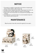 Load image into Gallery viewer, A product care and dimension notice sheet for Pop Mart's 'The Monster' collectible figures. The top half contains a 'NOTICE' section with five text points in English, including age suitability (15+), care instructions ('Do not soak'), and handling advice.