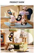 Load image into Gallery viewer, A product display collage showing a plush doll with multiple outfits and accessories arranged on a wooden cat tree and bed in a cozy room. The top panel has the heading 'PRODUCT SHOW' and includes descriptive text about the doll's detachable chain and keychain accessory.
